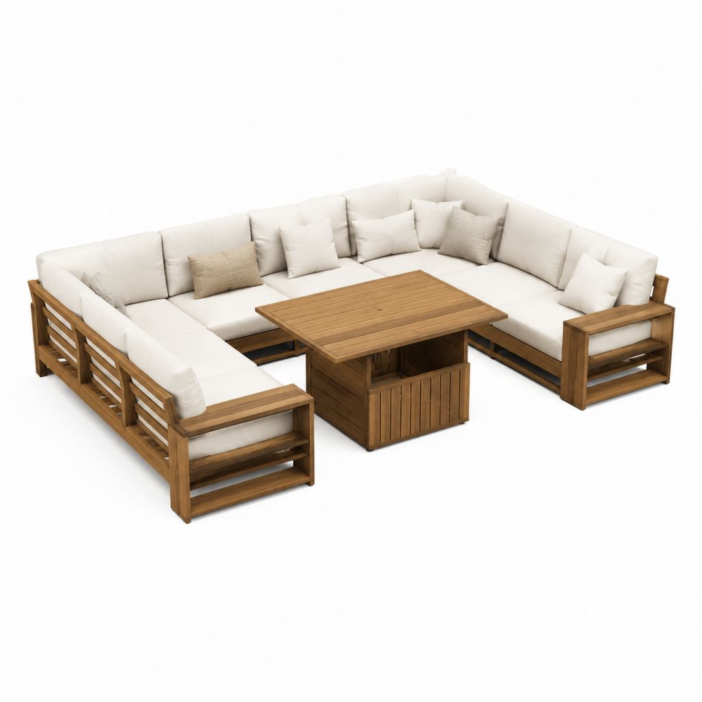 Gartenlounge-Set U-Form aus Akazienholz Braun mit cremeweißen Polyesterpolstern 320 x 260 x 76 cm