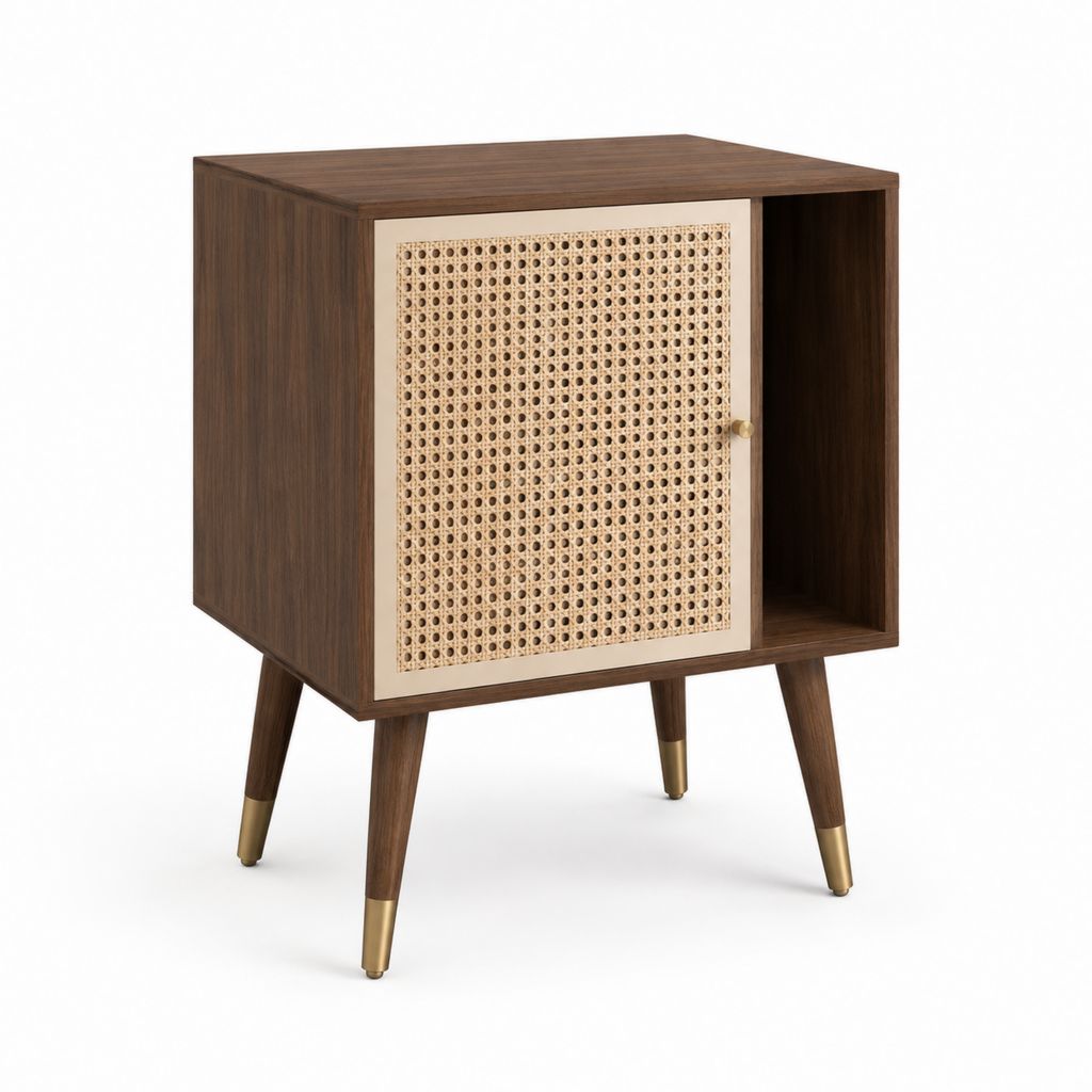 Nachttisch mit Tür und offenem Fach Nussbaum Rattan 45 x 35 x 60 cm