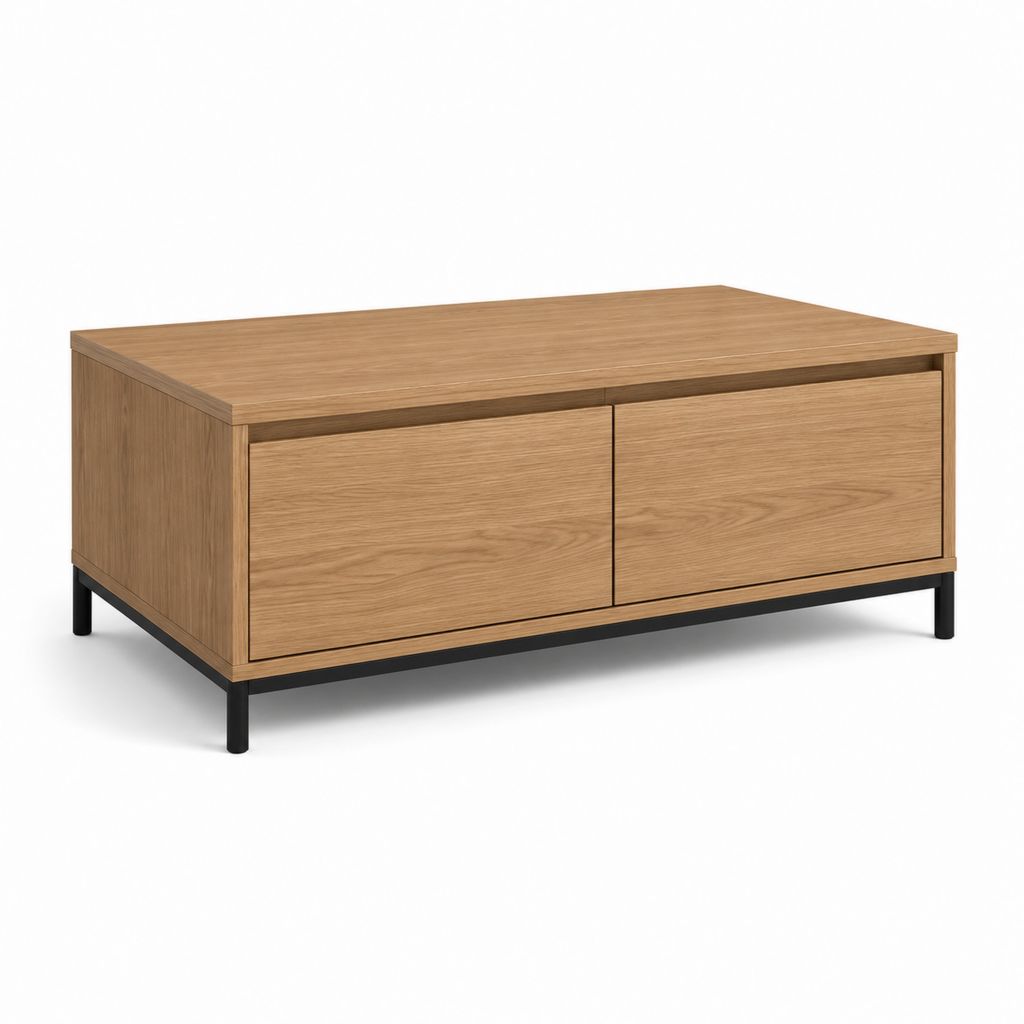Couchtisch Eiche furniert rechteckig mit 2 Türen und Stahlfüßen 100 x 60 x 45 cm
