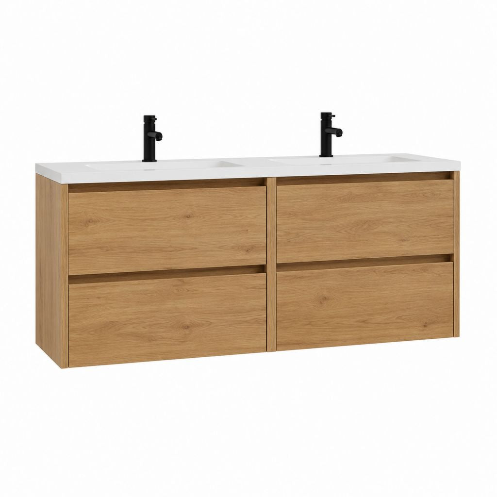 Doppelwaschtisch-Unterschrank Set Eiche Dekor MDF rechteckig mit 4 Schubladen und Doppelwaschbecken 120 x 46 x 55 cm