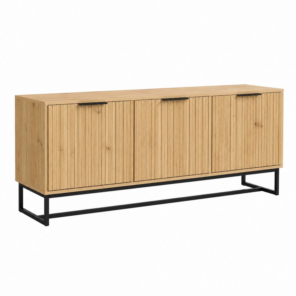 TV Lowboard Eichefarben mit 3 Türen und Stahlgestell 160 x 40 x 75 cm