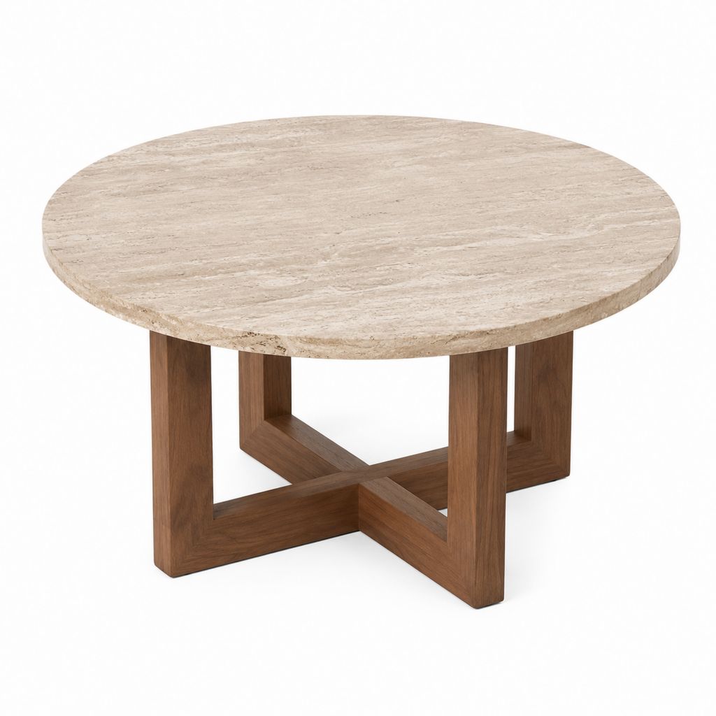 Couchtisch rund Beige Travertin Walnussfurnier 90 x 90 x 45 cm