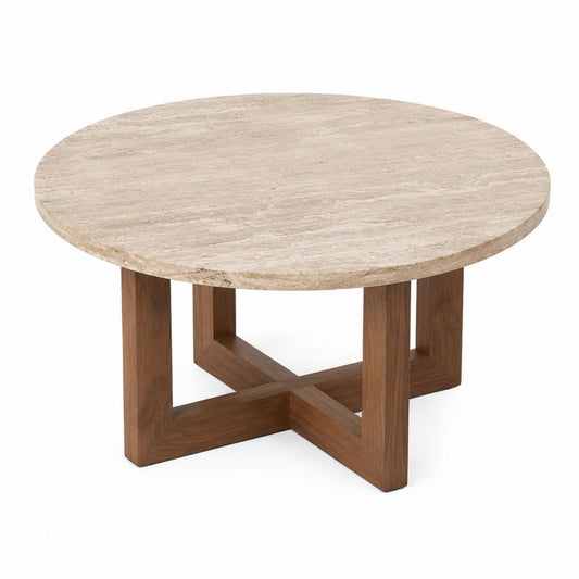 Couchtisch rund Beige Travertin Walnussfurnier 90 x 90 x 45 cm