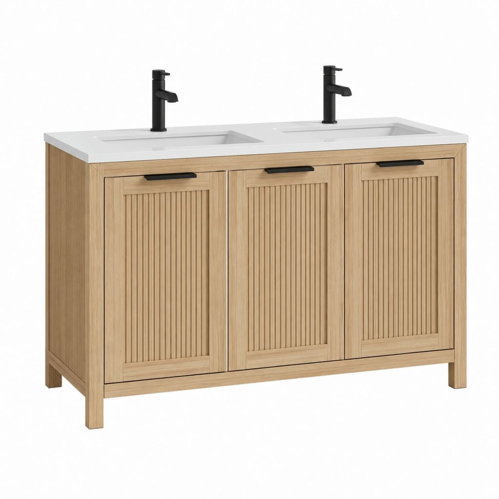 Doppelwaschtisch mit Unterschrank Natur Eichenfurnier Keramik rechteckig 140 x 50 x 85 cm